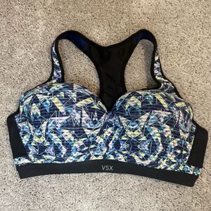 Victoria Secret VSX Sport Bra Women 38C Blue/Yellow Aztec Print Racerback